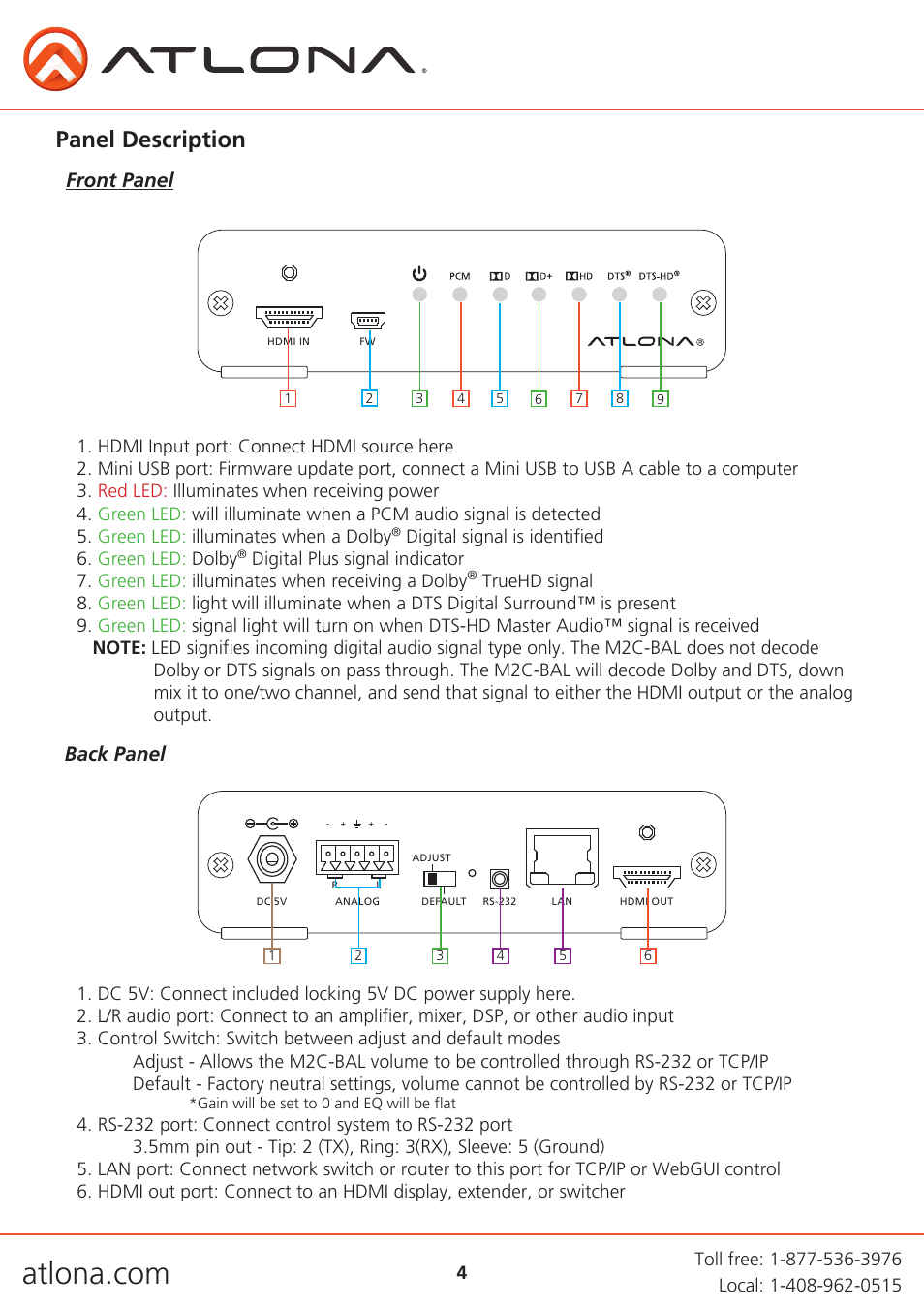 Panel description, Front panel, Back panel | Digital signal is identified 6. green led: dolby | Atlona AT UHD M2C BAL User Manual | Page 4 / 18