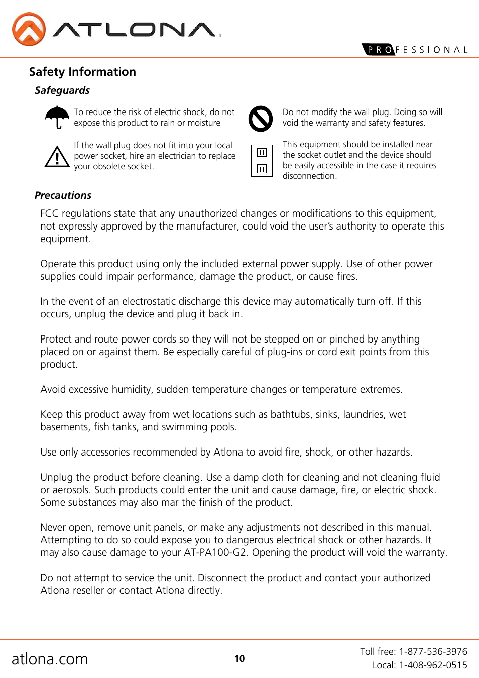 Safety information | Atlona AT PA100 G2a4 User Manual | Page 10 / 12