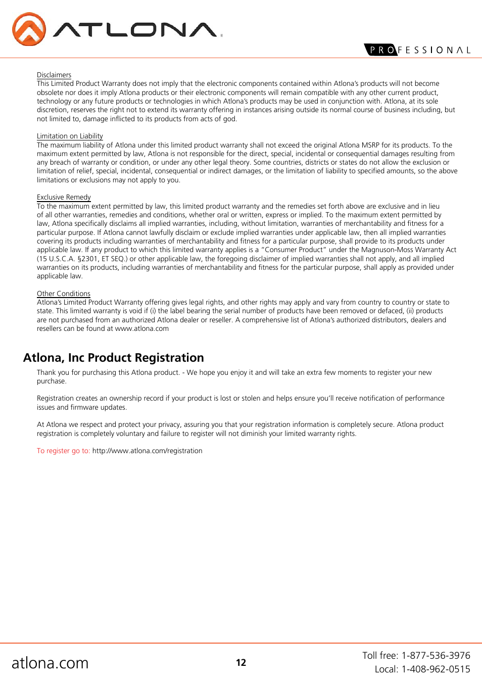 Atlona, inc product registration | Atlona AT PA100 G2a4 User Manual | Page 12 / 12