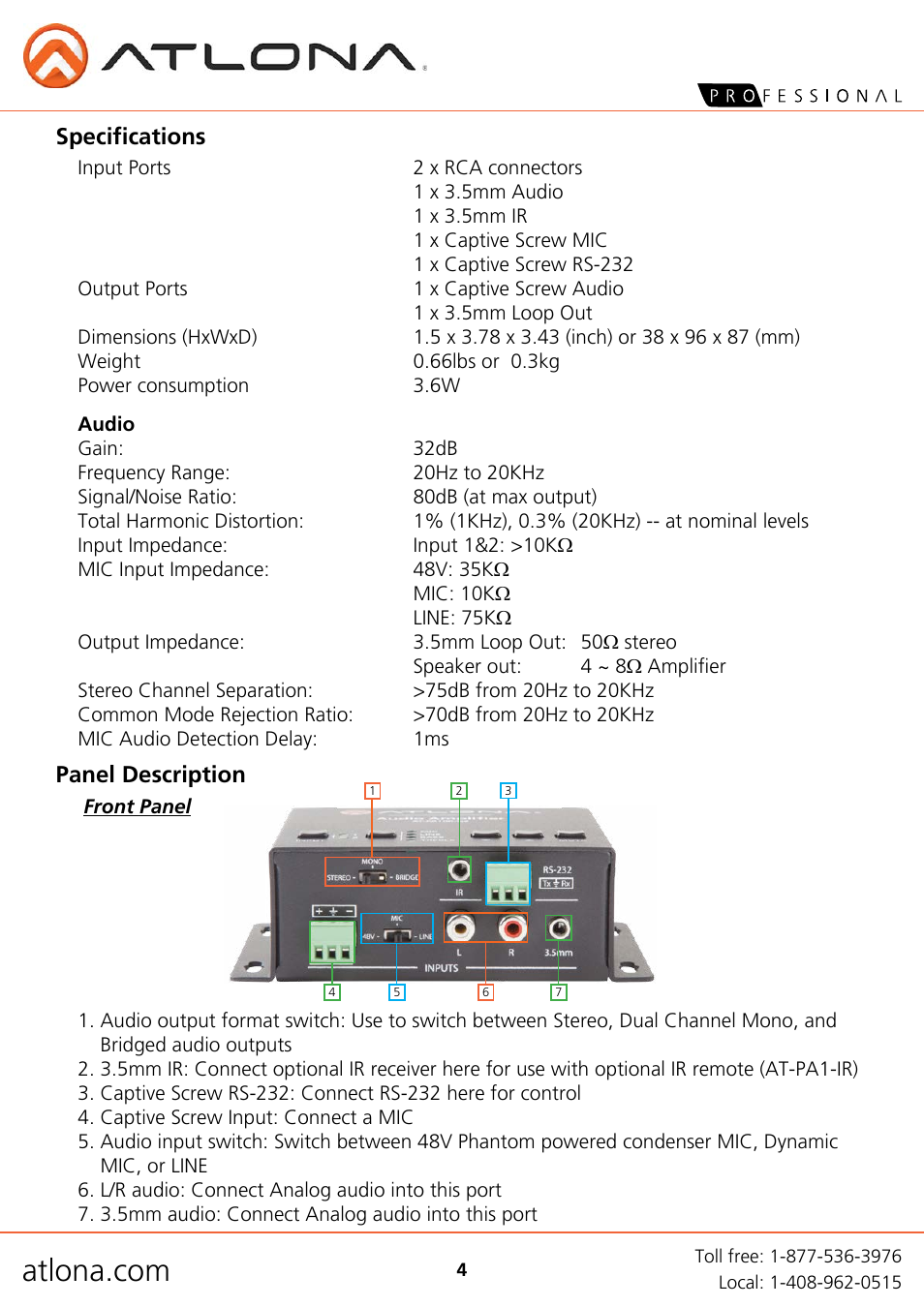 Specifications panel description | Atlona AT PA100 G2a4 User Manual | Page 4 / 12