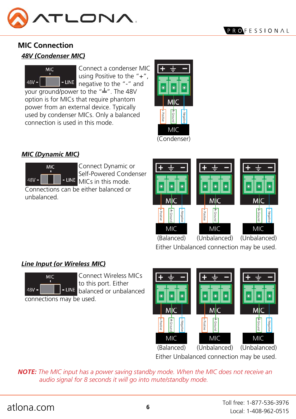 Mic connection, Either unbalanced connection may be used | Atlona AT PA100 G2a4 User Manual | Page 6 / 12