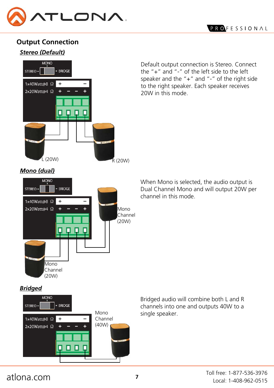Output connection | Atlona AT PA100 G2a4 User Manual | Page 7 / 12
