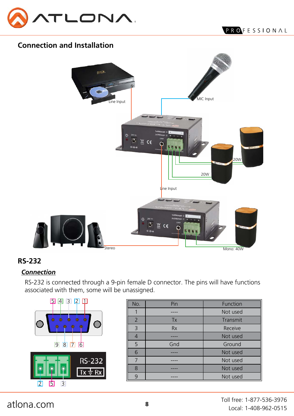 Connection and installation rs-232 | Atlona AT PA100 G2a4 User Manual | Page 8 / 12