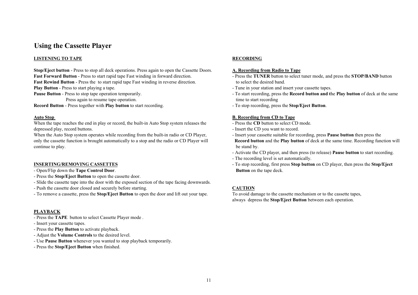 Using the cassette player | COBY CX-CD425 User Manual | Page 11 / 19