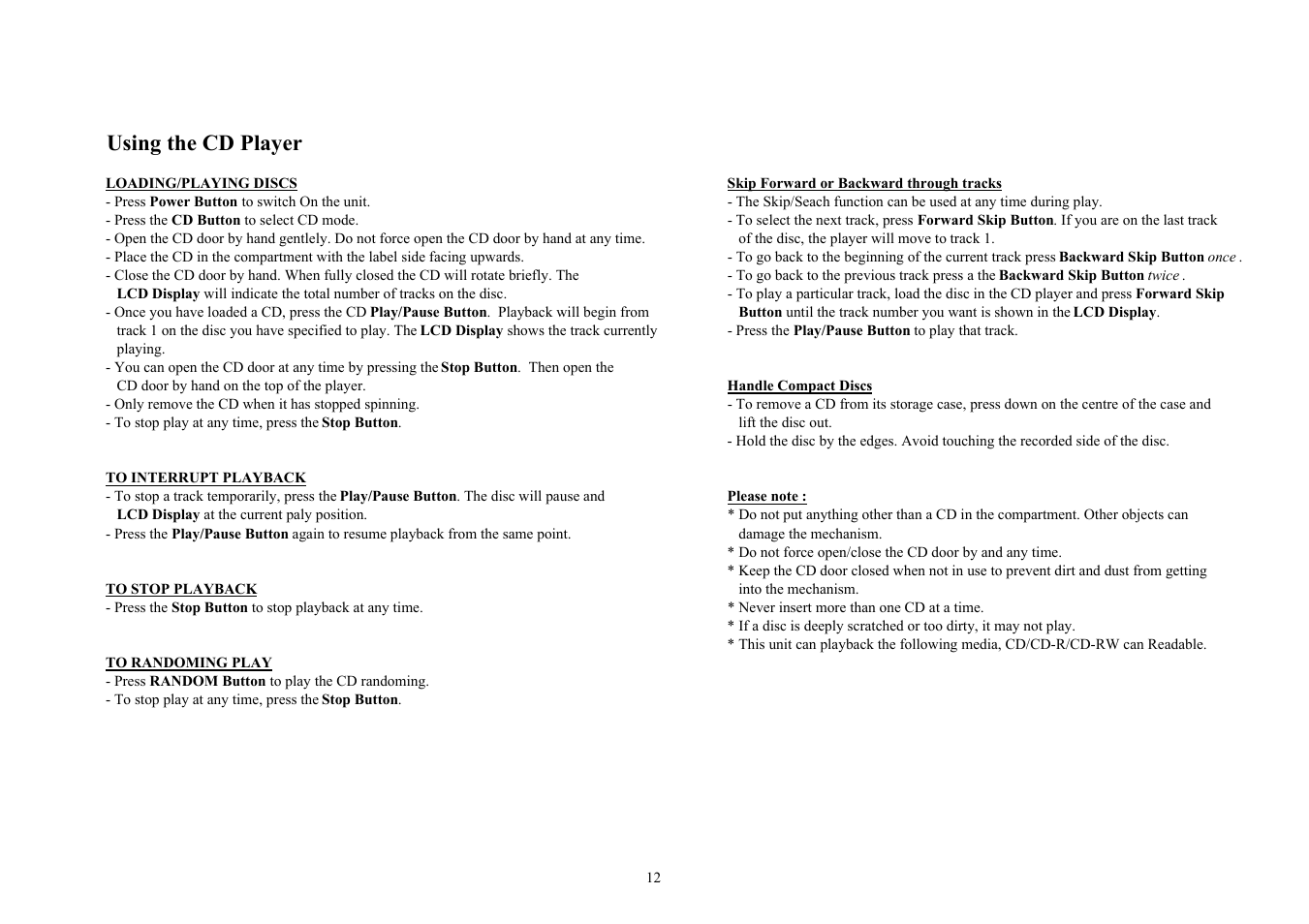 Using the cd player | COBY CX-CD425 User Manual | Page 12 / 19