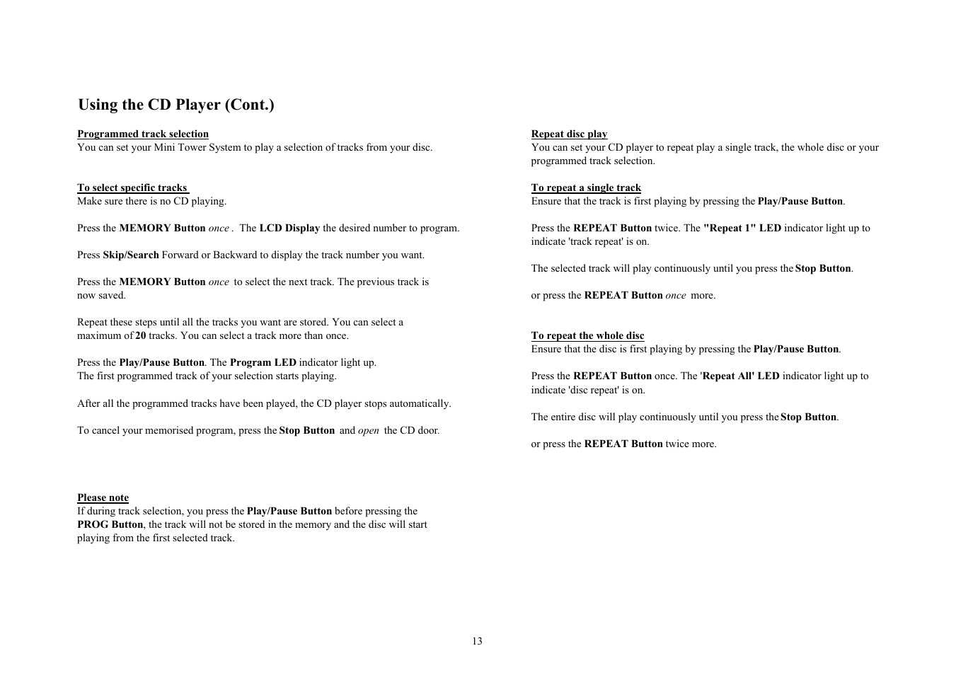 Using the cd player (cont.) | COBY CX-CD425 User Manual | Page 13 / 19