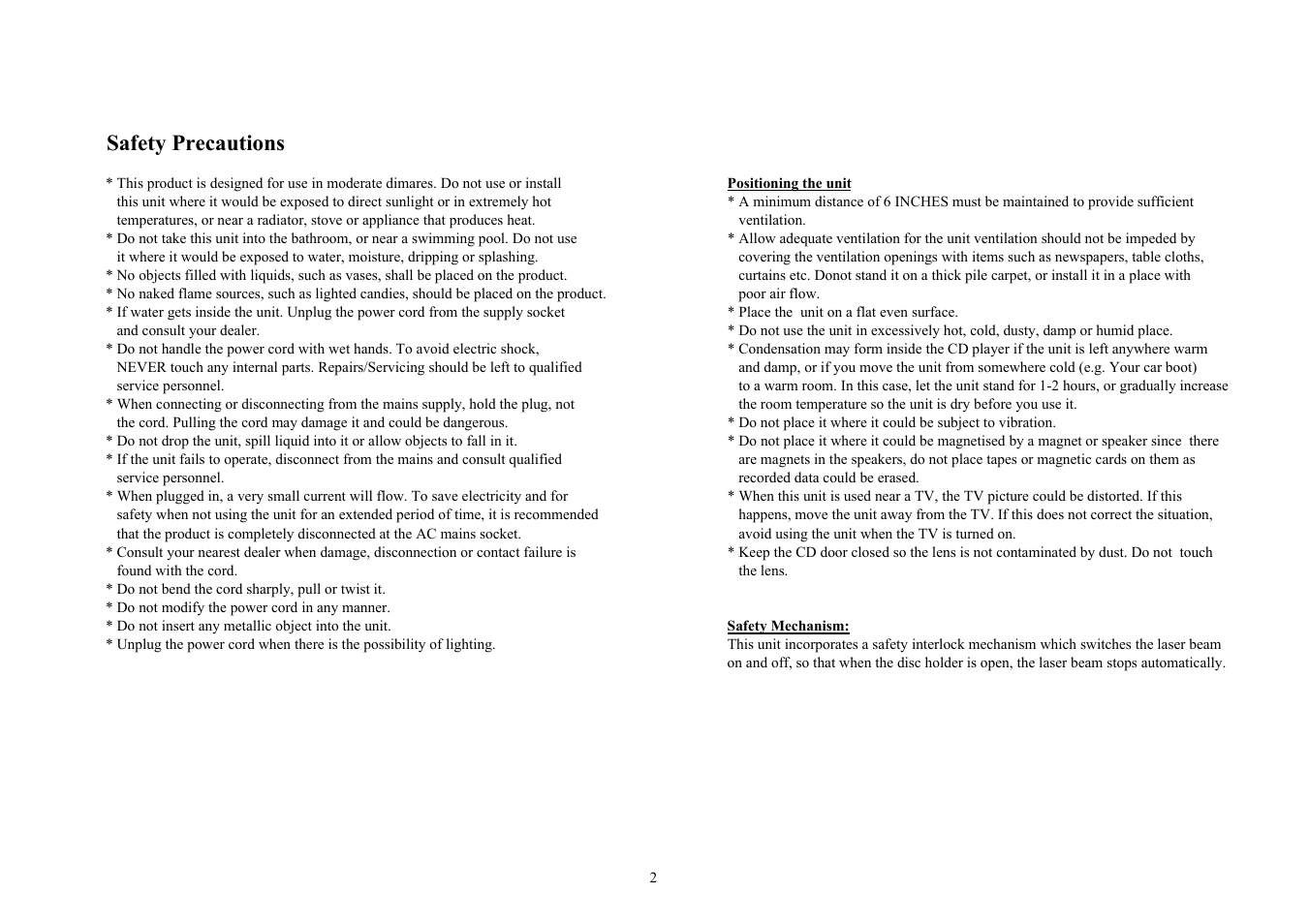 Safety precautions | COBY CX-CD425 User Manual | Page 2 / 19