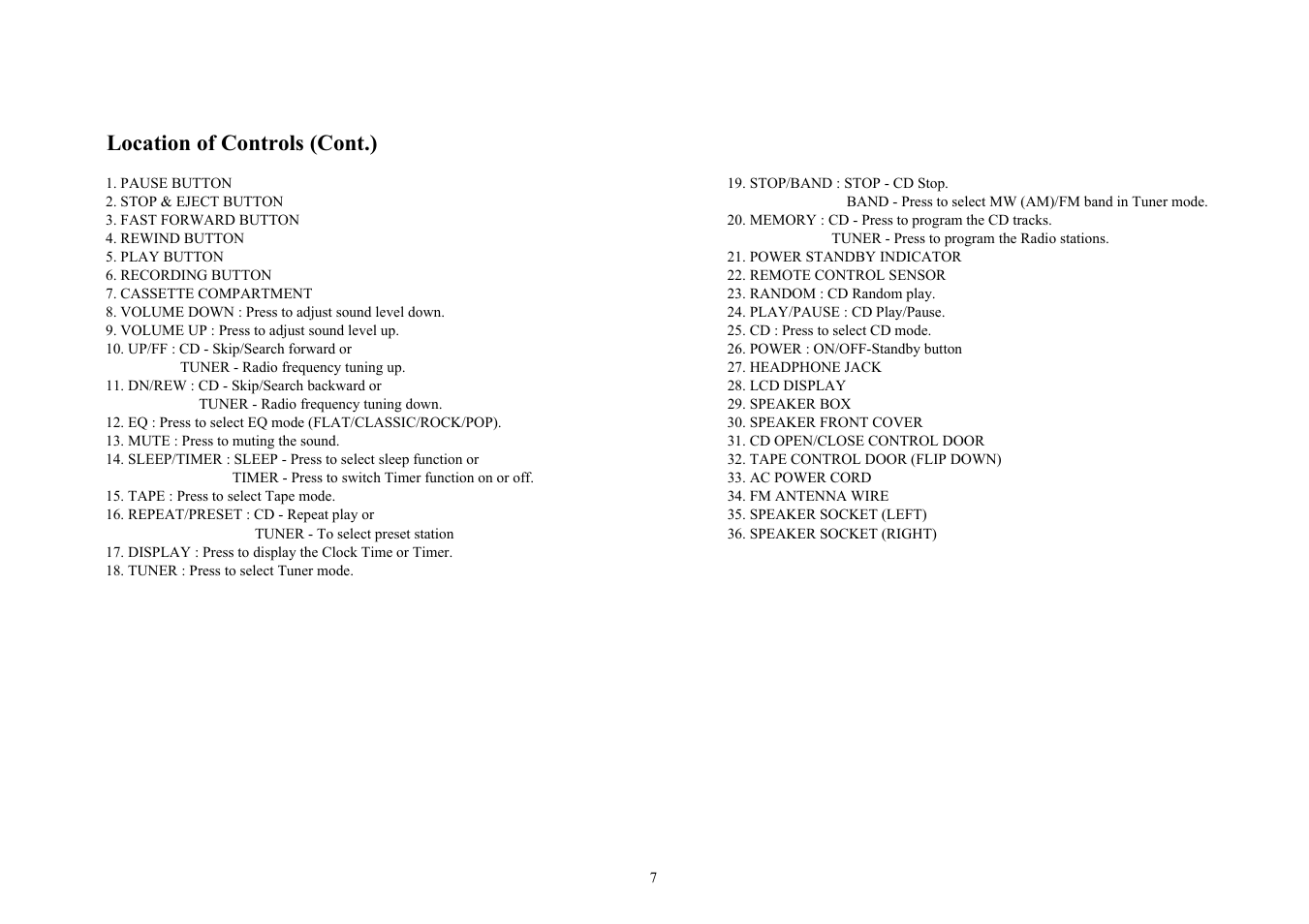 Location of controls (cont.) | COBY CX-CD425 User Manual | Page 7 / 19
