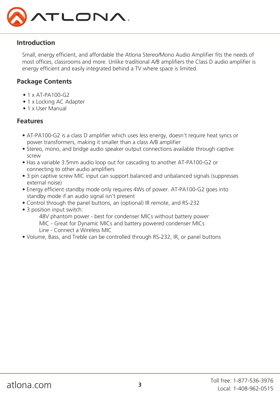 Atlona AT PA100 G2 User Manual | Page 3 / 12