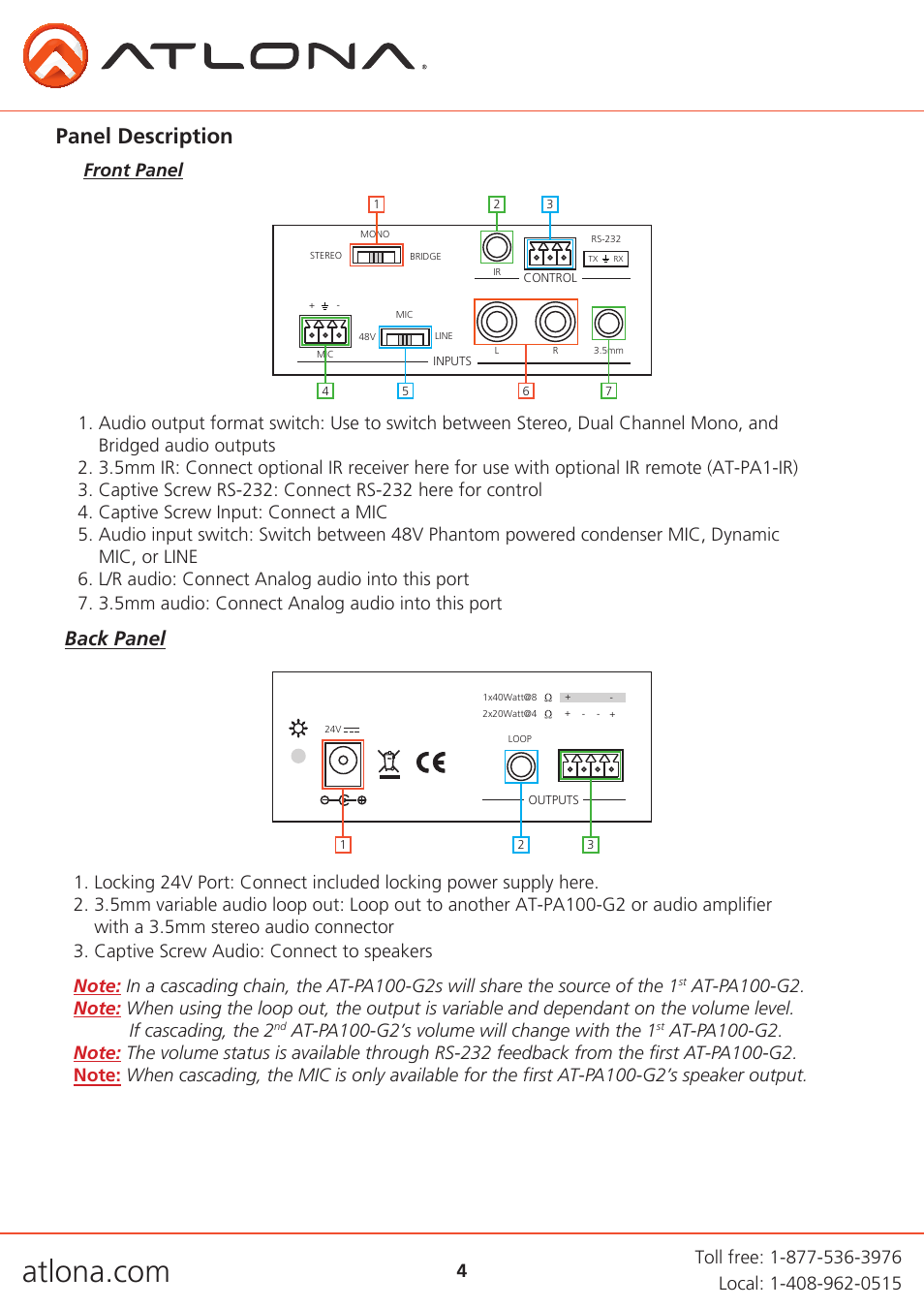 Panel description, Back panel | Atlona AT PA100 G2 User Manual | Page 4 / 12