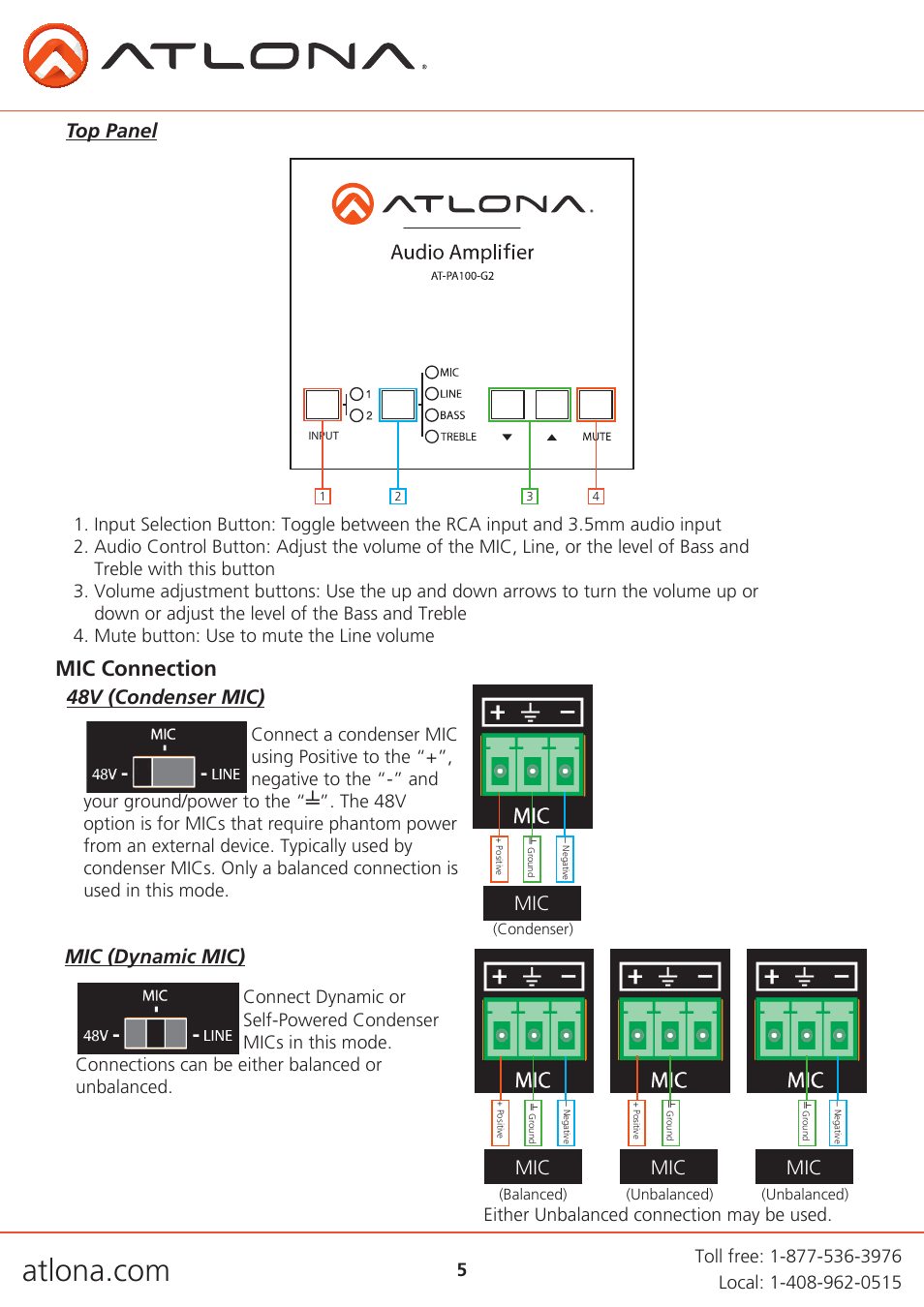 Mic connection, Top panel, 48v (condenser mic) | Mic (dynamic mic), Either unbalanced connection may be used | Atlona AT PA100 G2 User Manual | Page 5 / 12