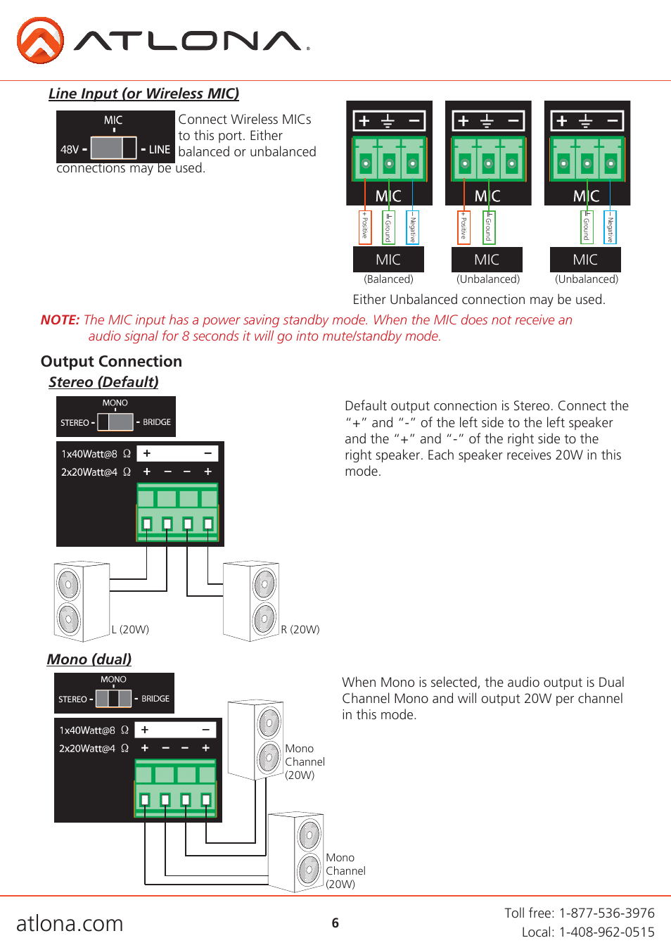 Output connection, Line input (or wireless mic), Stereo (default) | Mono (dual) | Atlona AT PA100 G2 User Manual | Page 6 / 12