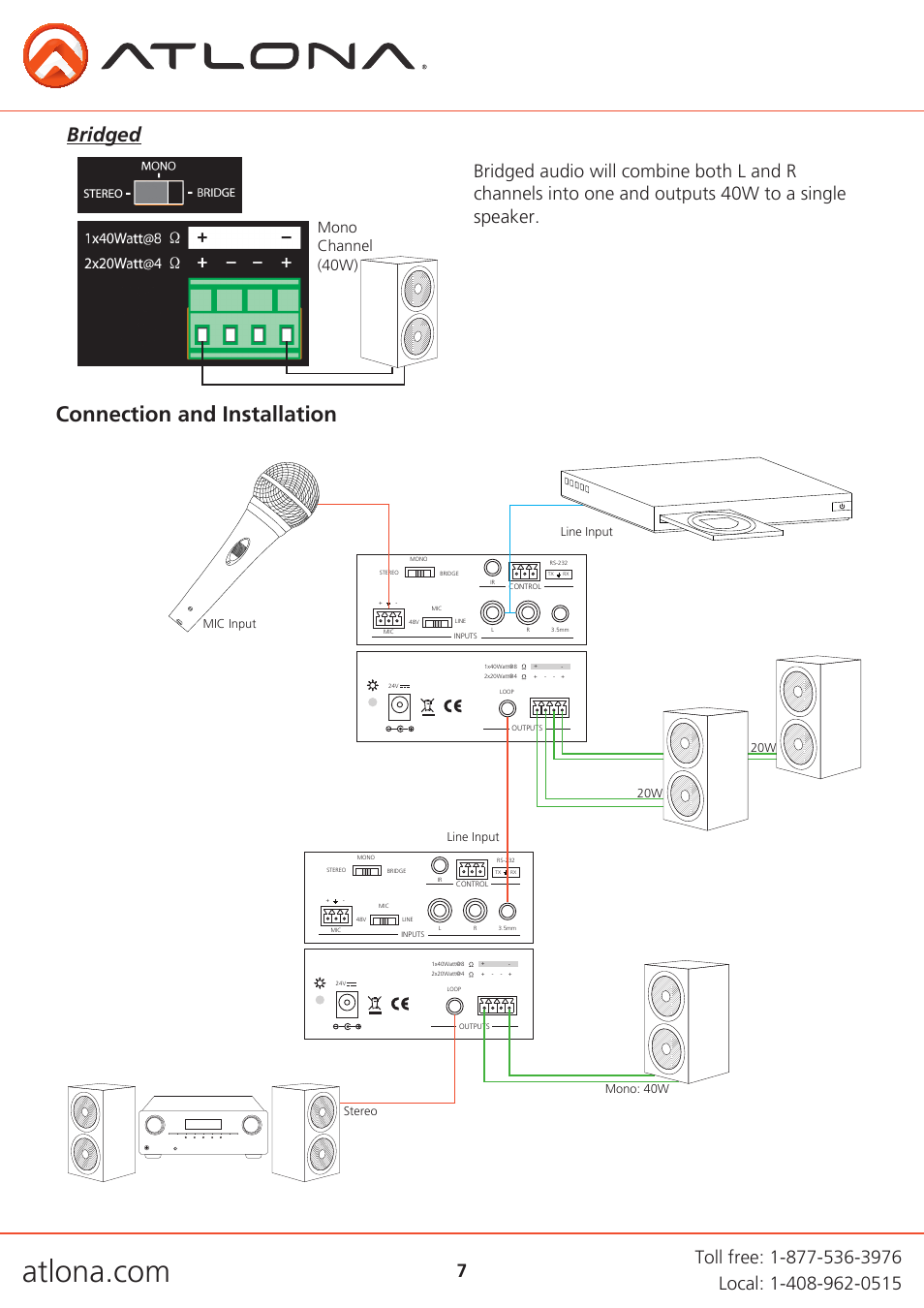 Connection and installation, Bridged, Mono channel (40w) | Line input mic input line input | Atlona AT PA100 G2 User Manual | Page 7 / 12