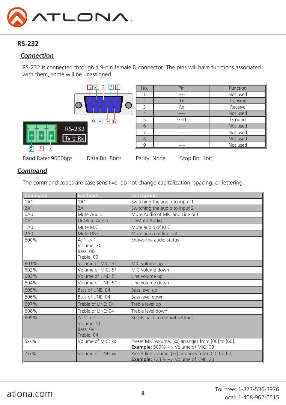 Rs-232, Connection, Command | Atlona AT PA100 G2 User Manual | Page 8 / 12