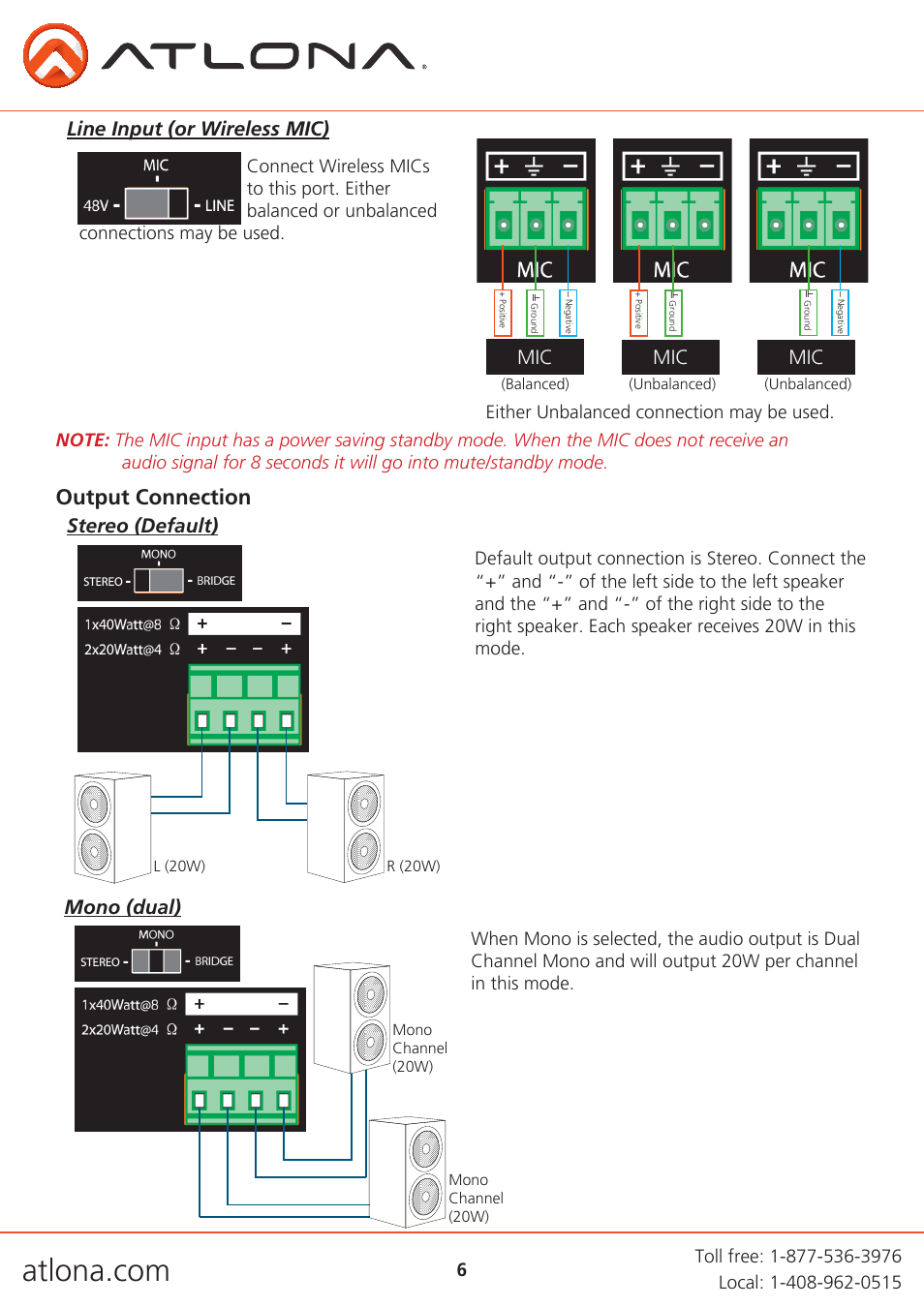 Output connection, Line input (or wireless mic), Stereo (default) | Mono (dual) | Atlona AT PA100 G2 V2 User Manual | Page 6 / 12