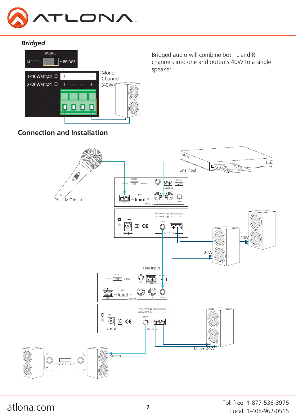 Connection and installation, Bridged, Mono channel (40w) | Line input mic input line input | Atlona AT PA100 G2 V2 User Manual | Page 7 / 12