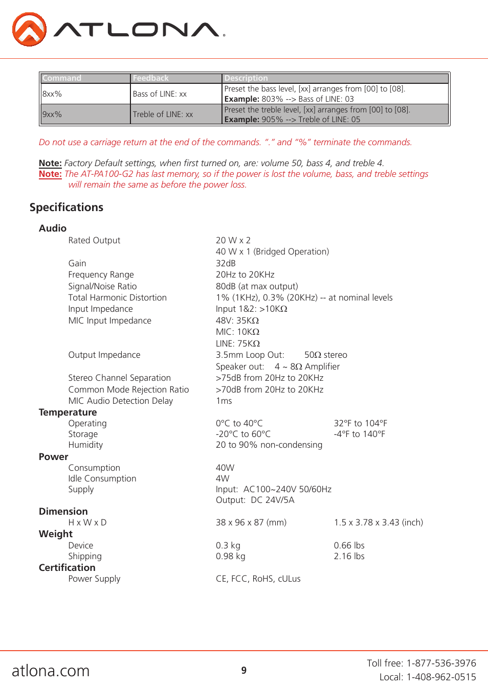 Specifications | Atlona AT PA100 G2 V2 User Manual | Page 9 / 12