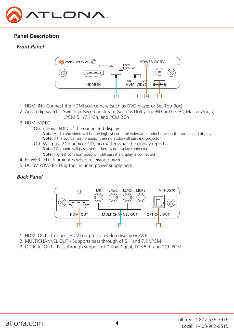 Panel description, Front panel back panel | Atlona AT HD570 V4 User Manual | Page 4 / 9