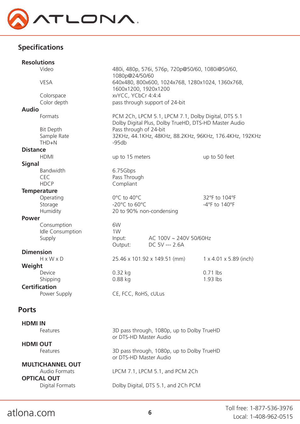 Ports, Specifications | Atlona AT HD570 V4 User Manual | Page 6 / 9