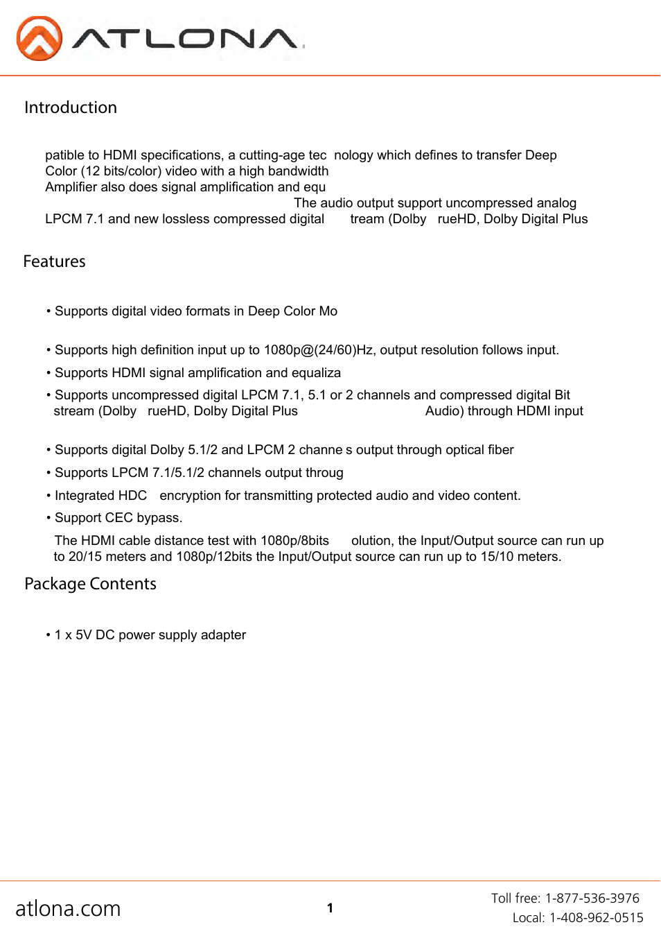 Introduction features package contents | Atlona AT HD570 V3 User Manual | Page 3 / 8