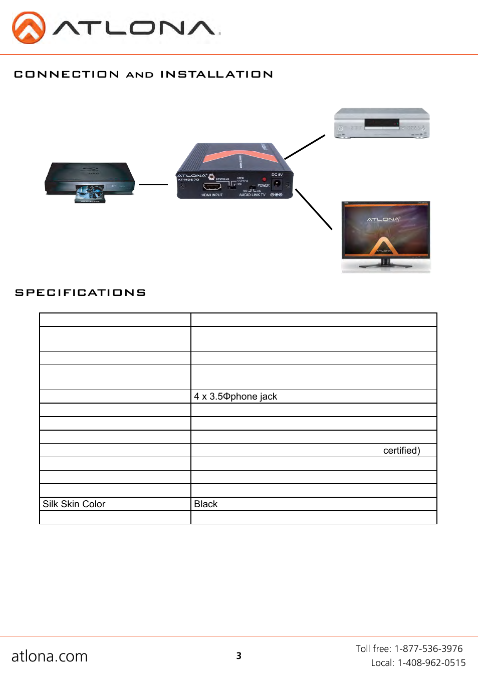 Specifications, Connection and installation | Atlona AT HD570 V3 User Manual | Page 5 / 8