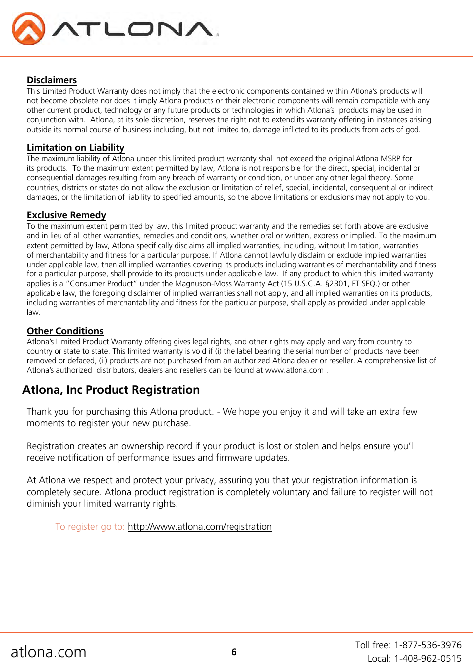 Atlona, inc product registration | Atlona AT HD570 V3 User Manual | Page 8 / 8