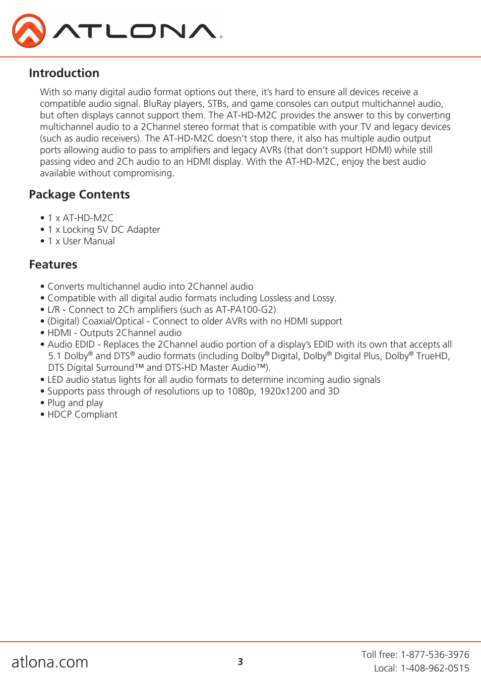 Introduction, Package contents features | Atlona AT HD M2C User Manual | Page 3 / 9