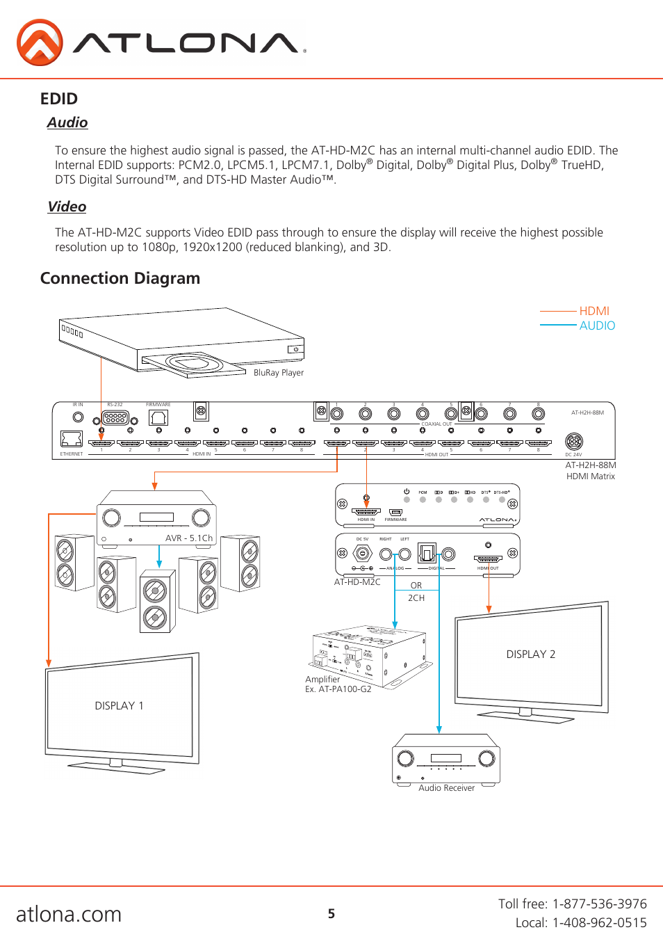 Edid, Connection diagram, Audio video | Hdmi audio, Digital, dolby, Digital plus, dolby, Display 1 display 2 | Atlona AT HD M2C User Manual | Page 5 / 9