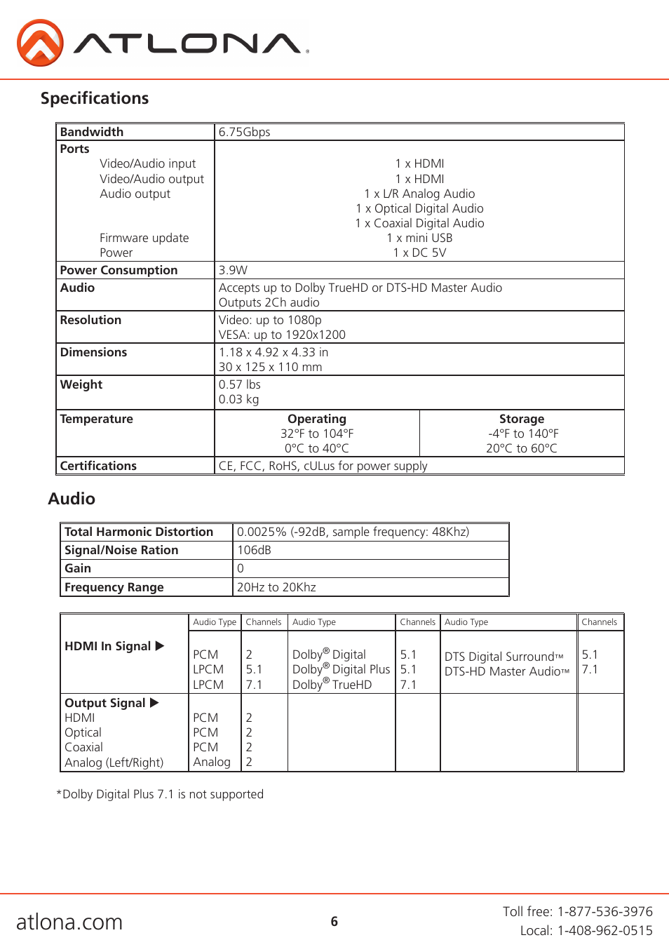 Specifications audio | Atlona AT HD M2C User Manual | Page 6 / 9