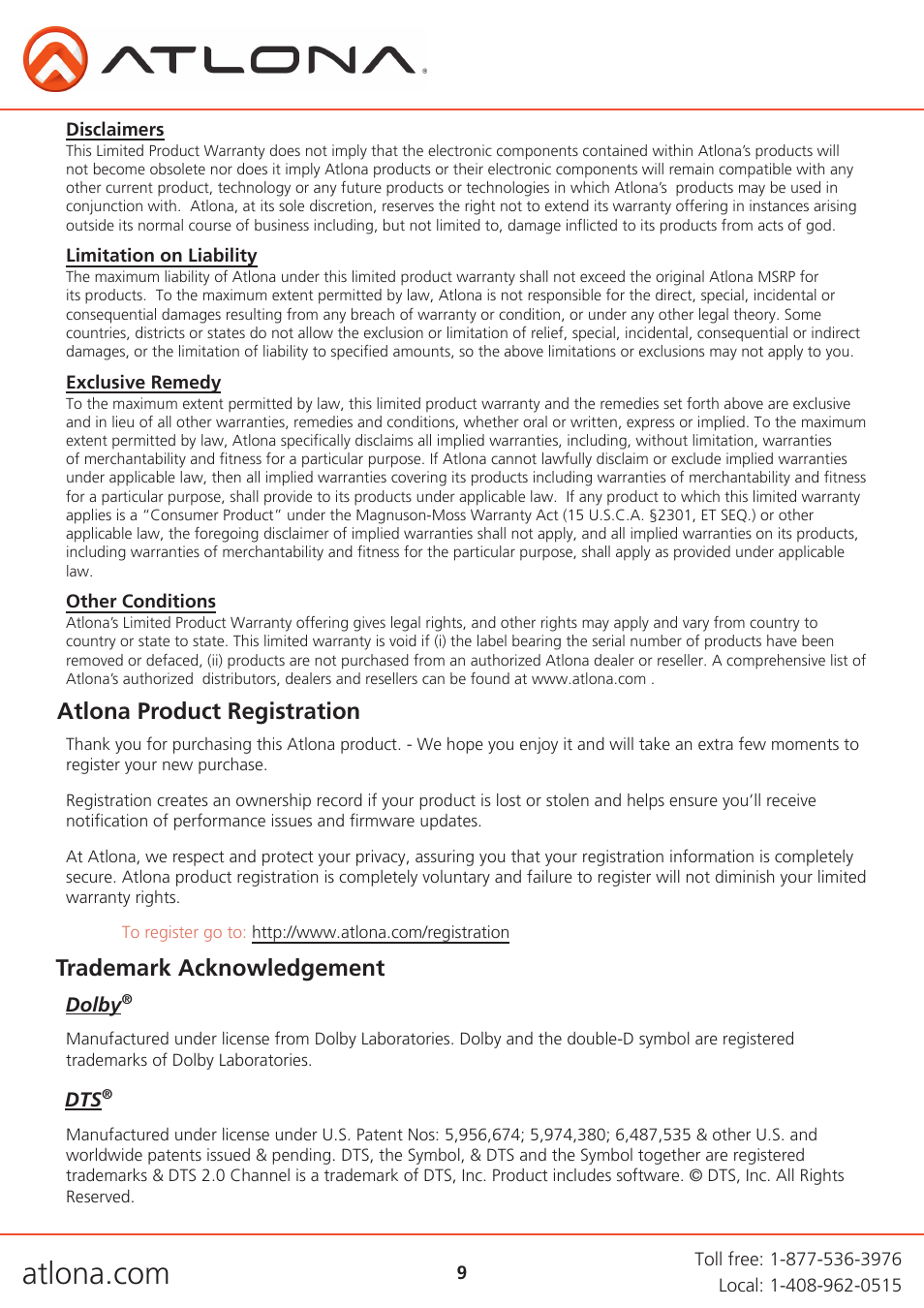 Atlona AT HD M2C User Manual | Page 9 / 9