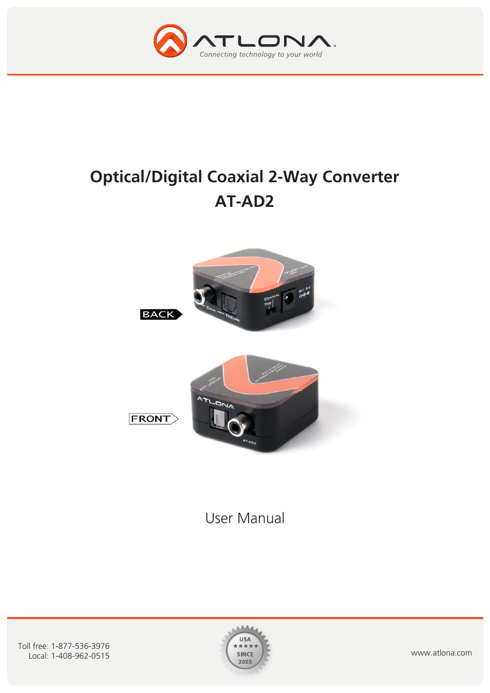 Atlona AT AD2 User Manual | 8 pages