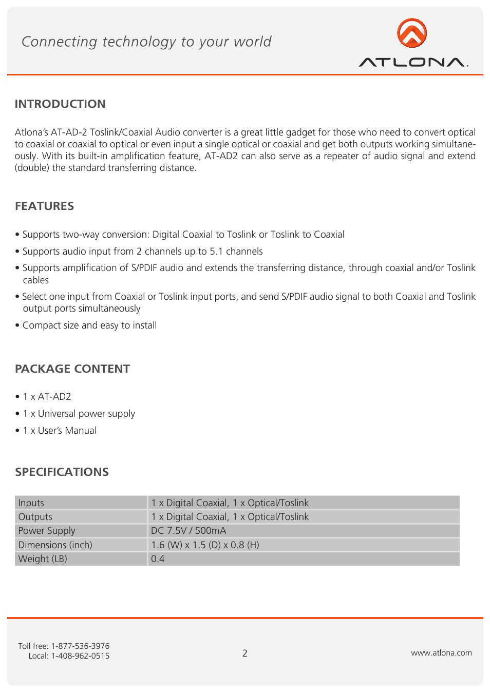 Atlona AT AD2 User Manual | Page 3 / 8