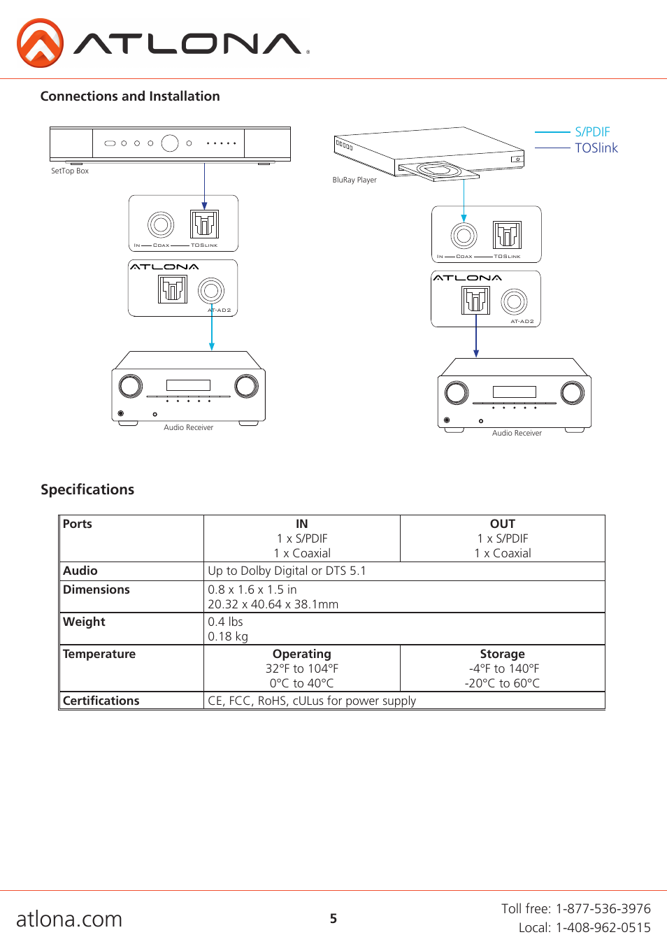 Specifications, S/pdif toslink | Atlona AT AD2 V2 User Manual | Page 5 / 8