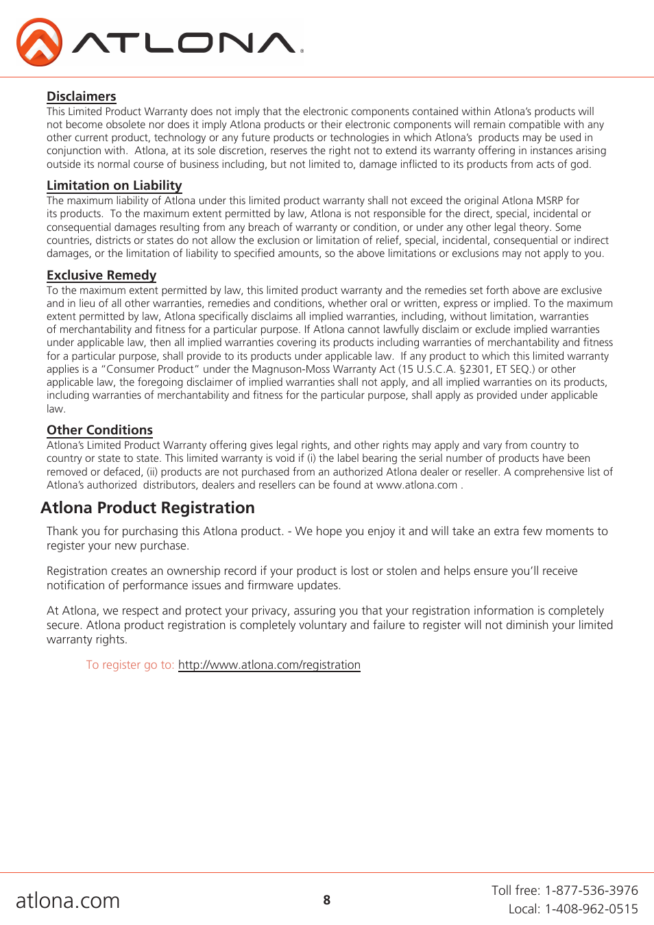 Atlona product registration | Atlona AT AD2 V2 User Manual | Page 8 / 8