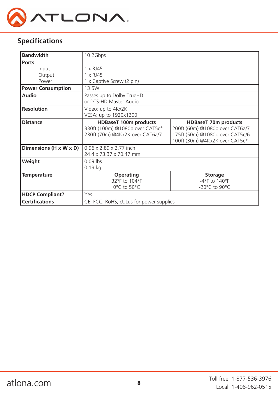 Specifications | Atlona AT PS POCC User Manual | Page 8 / 11