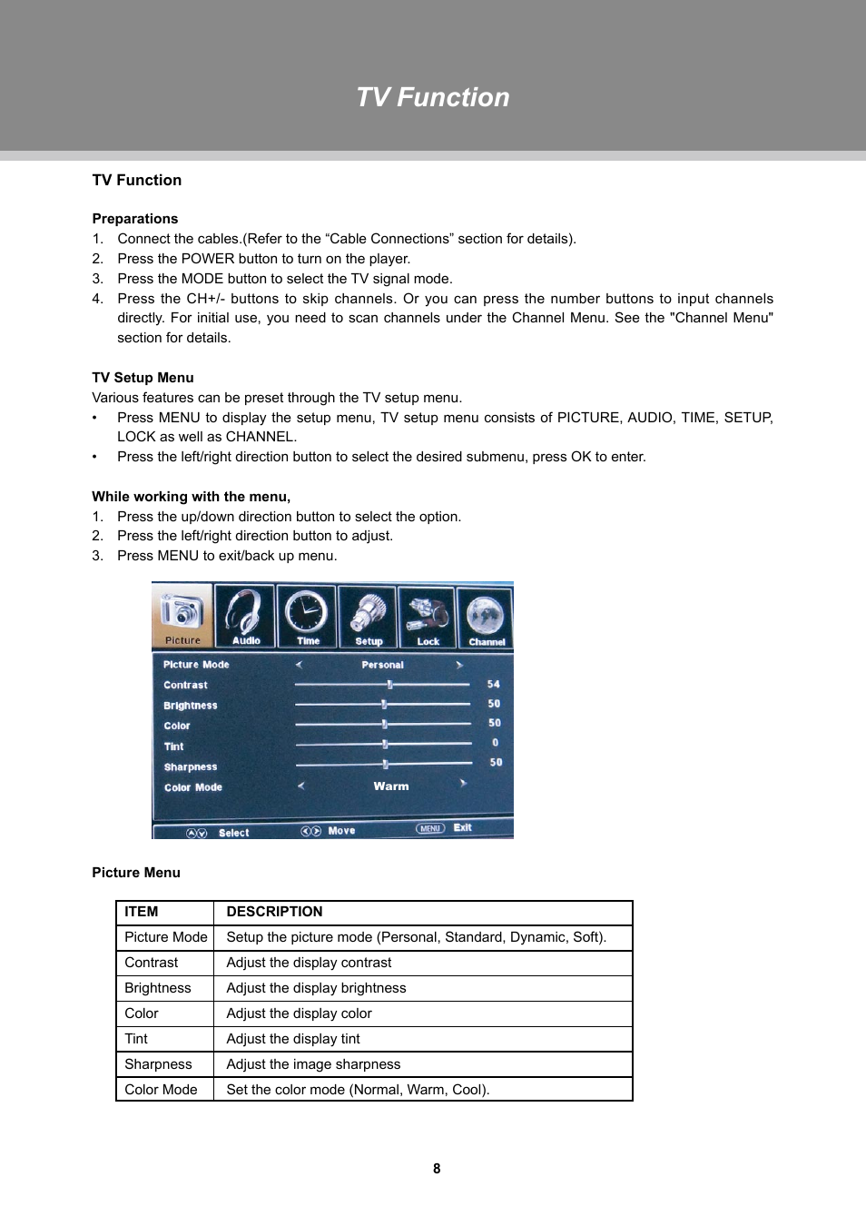 Tv function | COBY TFTV1524 User Manual | Page 14 / 22