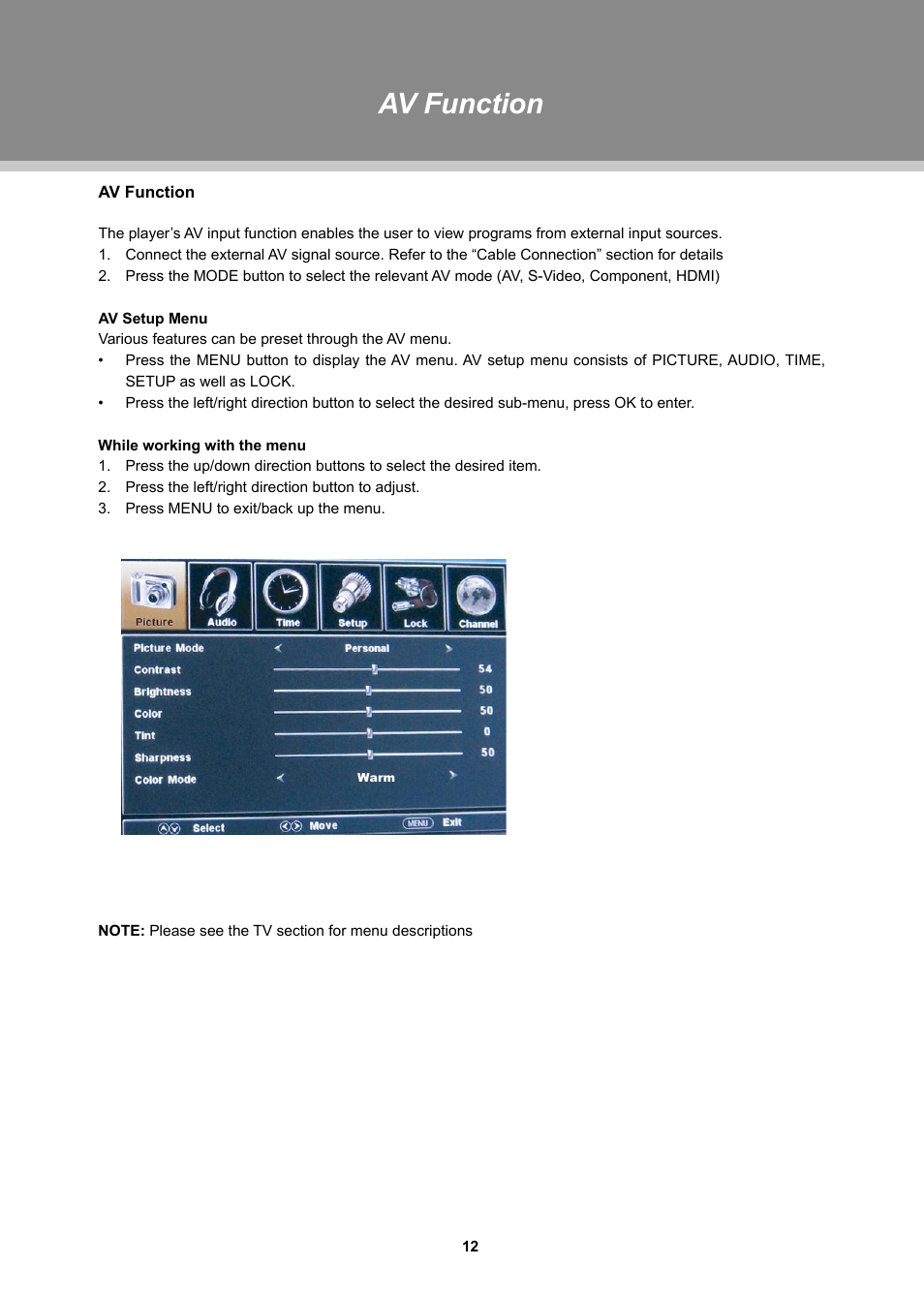 Av function | COBY TFTV1524 User Manual | Page 18 / 22