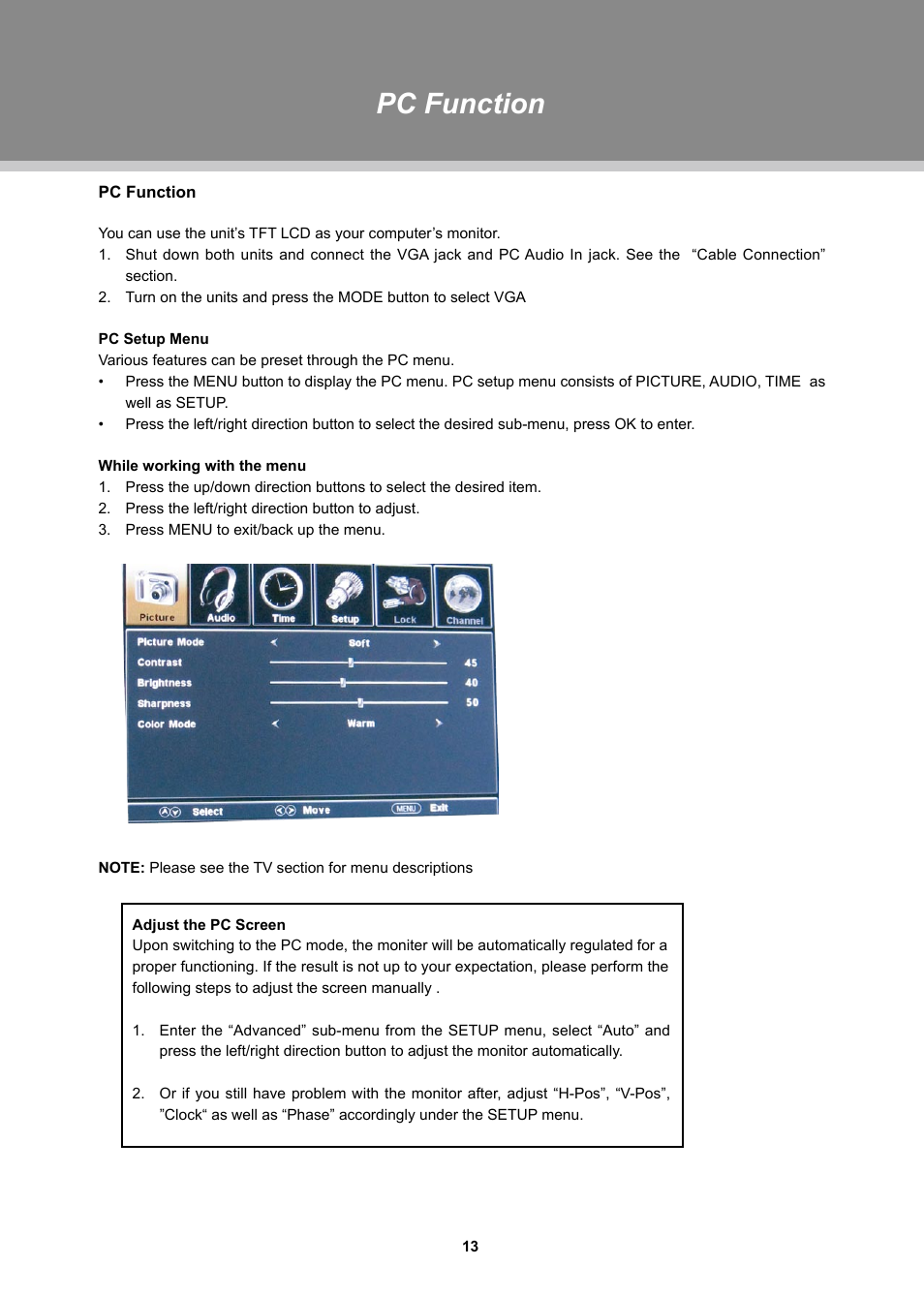 Pc function | COBY TFTV1524 User Manual | Page 19 / 22