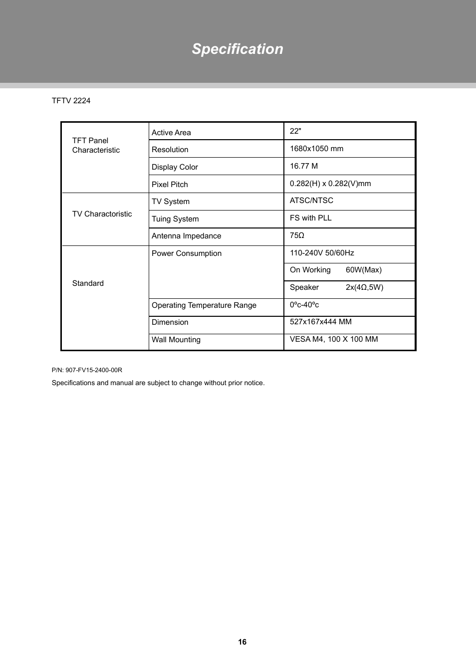 Specification | COBY TFTV1524 User Manual | Page 22 / 22