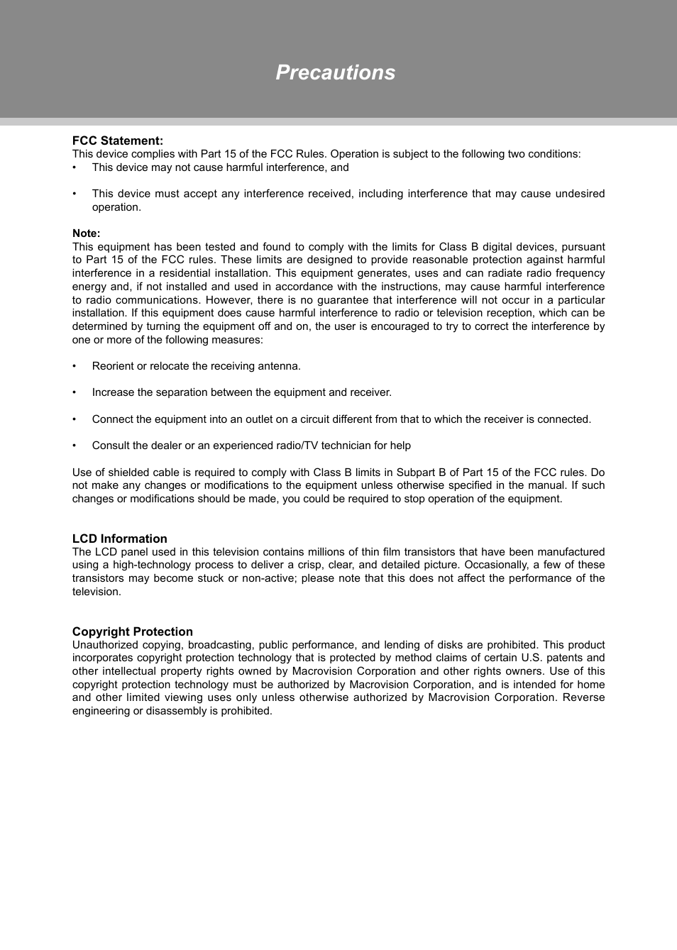Precautions | COBY TFTV1524 User Manual | Page 3 / 22