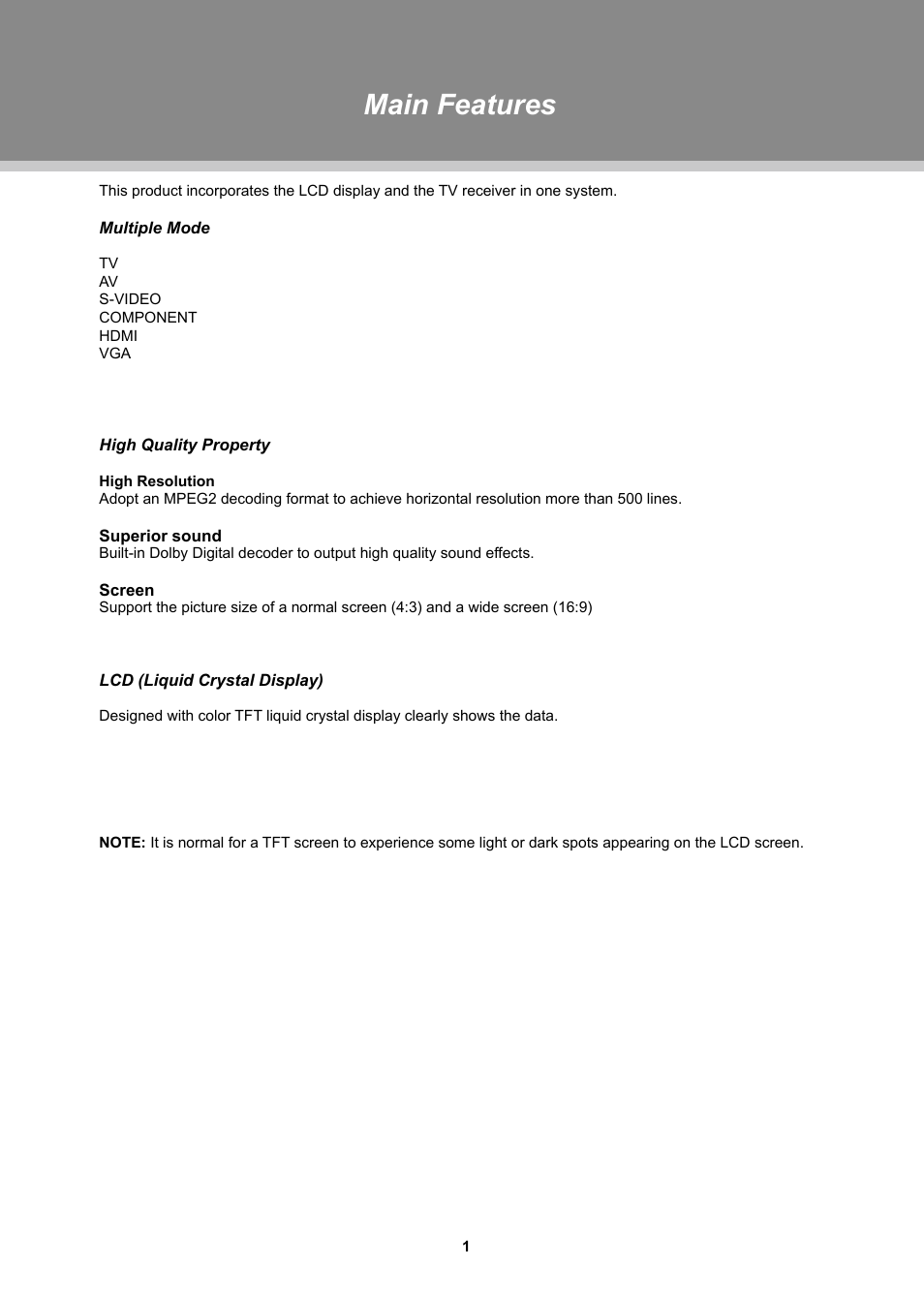 Main features | COBY TFTV1524 User Manual | Page 7 / 22