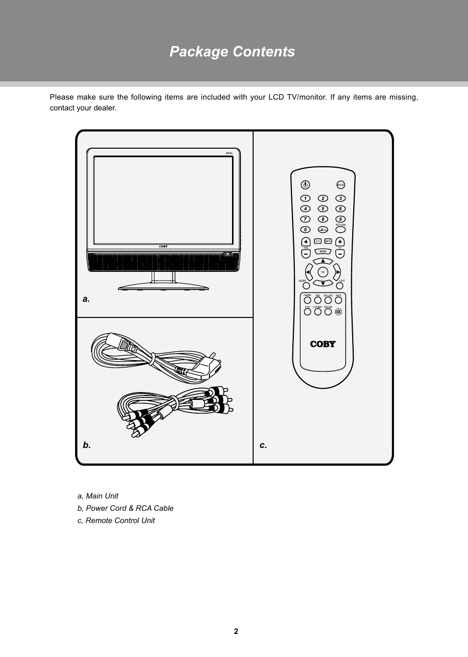 Package contents | COBY TFTV1524 User Manual | Page 8 / 22