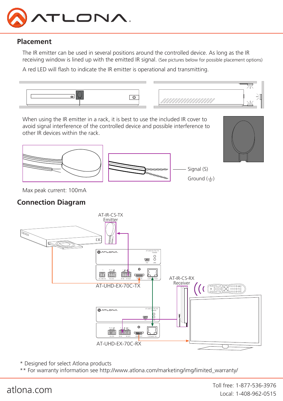 Placement, Connection diagram, Signal (s) ground ( ) | At-uhd-ex-70c-tx at-uhd-ex-70c-rx, See pictures below for possible placement options), At-ir-cs-tx emitter at-ir-cs-rx receiver | Atlona AT IR CS TX User Manual | Page 2 / 2
