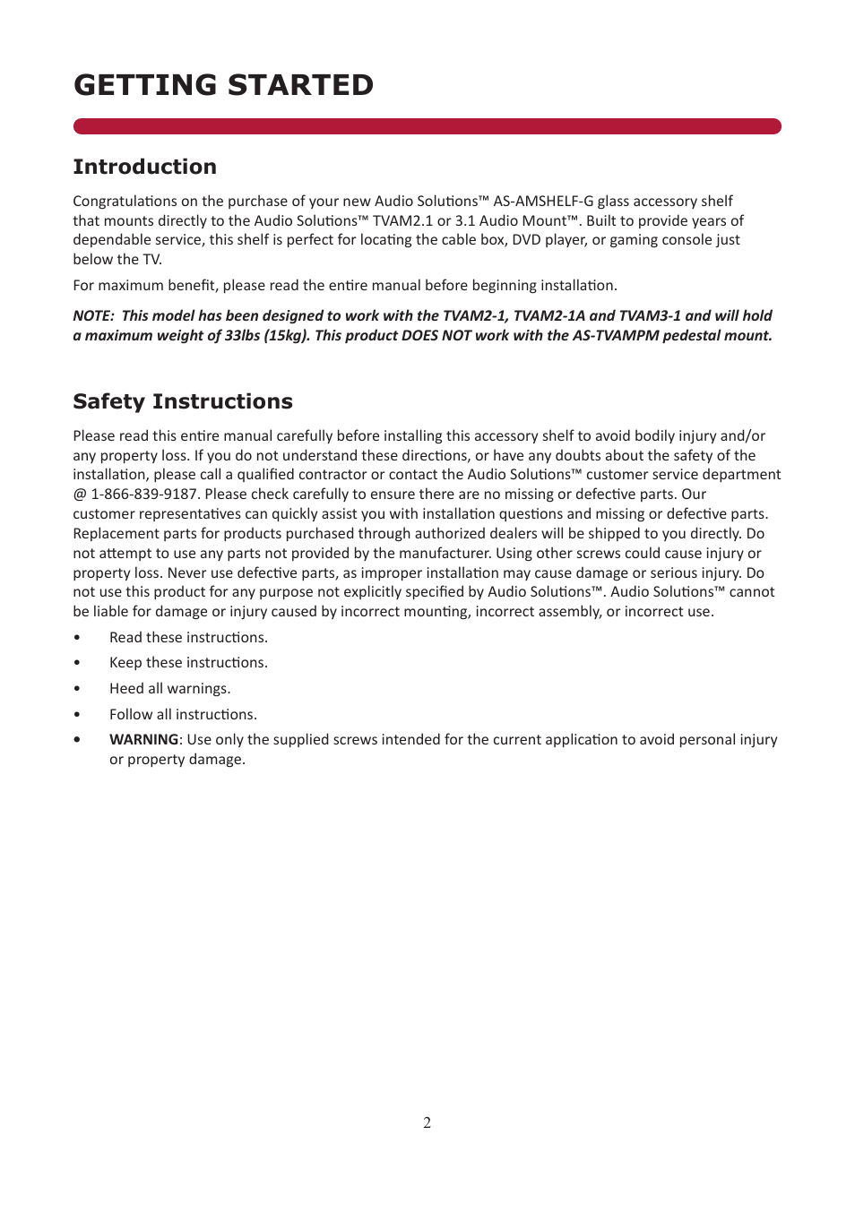 Getting started | Audio Solutions AS-AMSHELF-G User Manual | Page 2 / 10