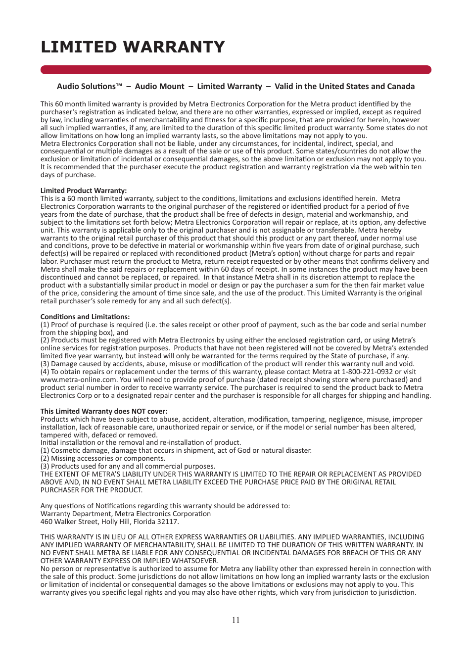 Limited warranty | Audio Solutions AS-CM3260 User Manual | Page 11 / 12