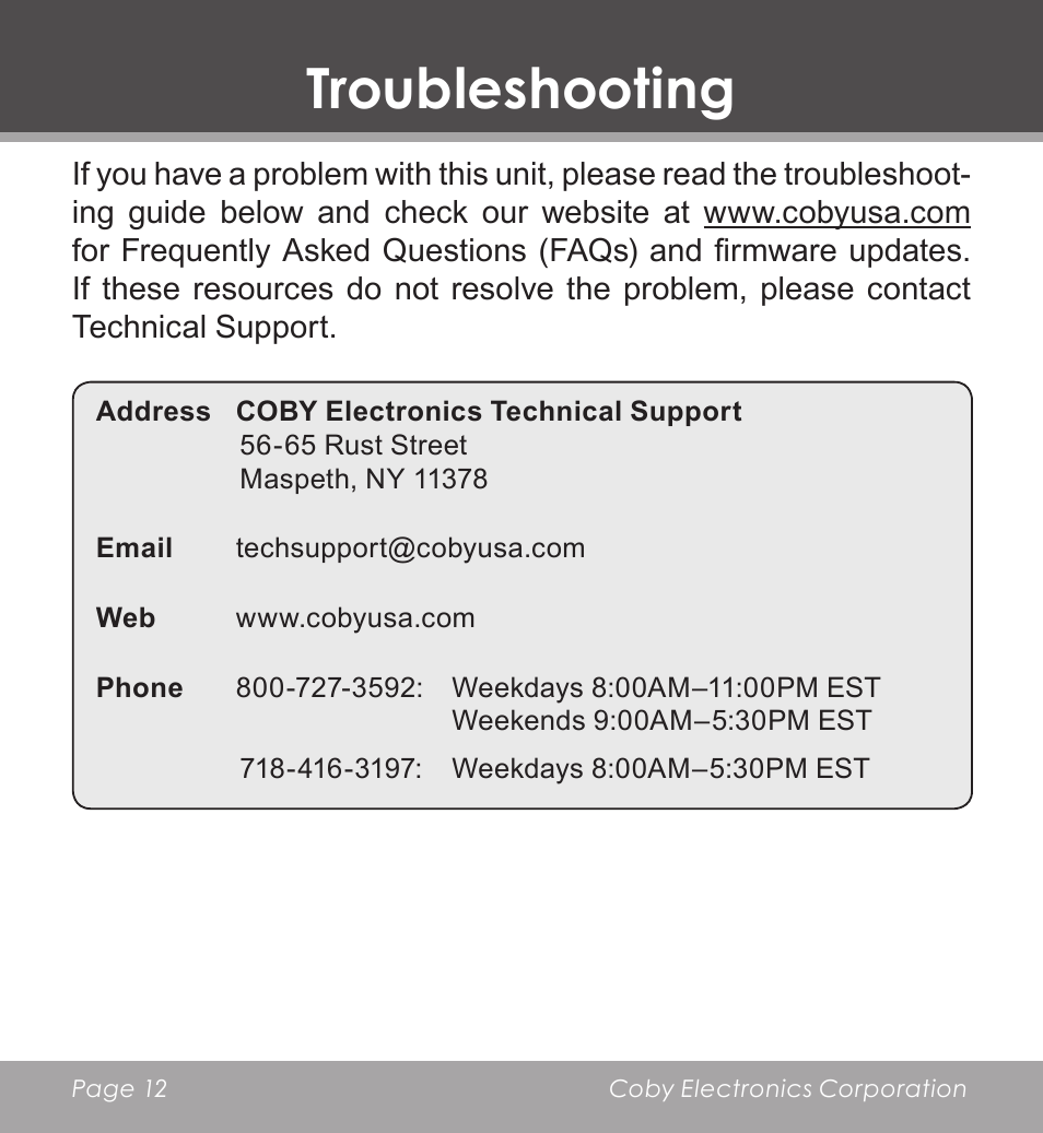 Troubleshooting | COBY CV-M225 User Manual | Page 12 / 24