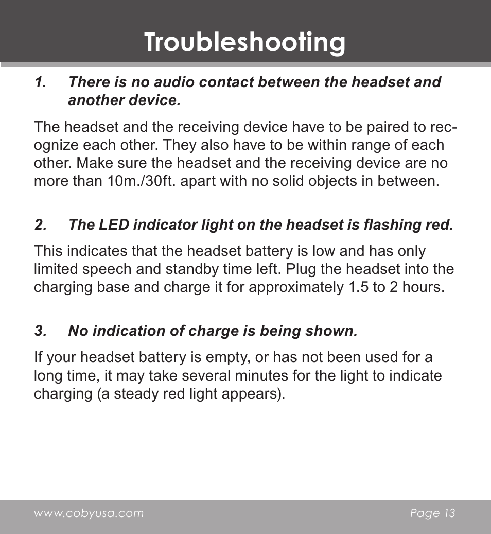Troubleshooting | COBY CV-M225 User Manual | Page 13 / 24