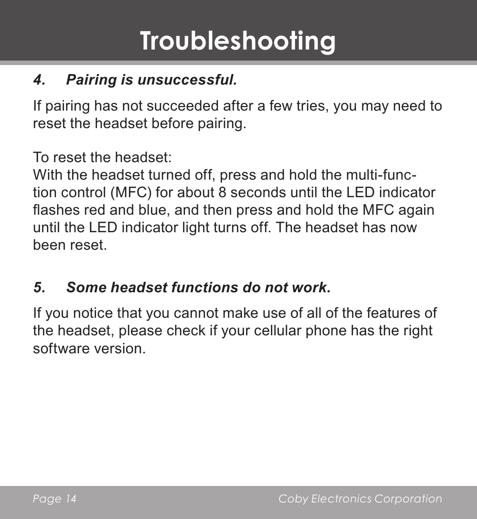 Troubleshooting | COBY CV-M225 User Manual | Page 14 / 24