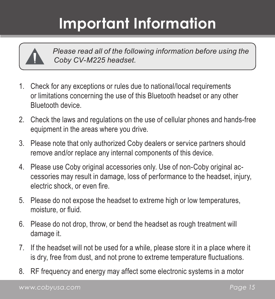 Important information | COBY CV-M225 User Manual | Page 15 / 24