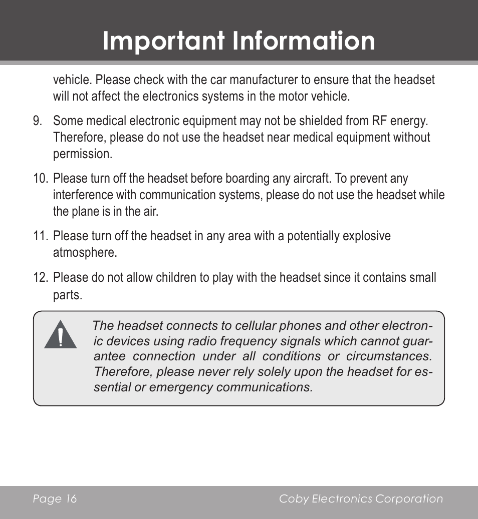 Important information | COBY CV-M225 User Manual | Page 16 / 24